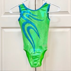 Child 8-10 Shiny Light Green & Blue Gymnastics Leo